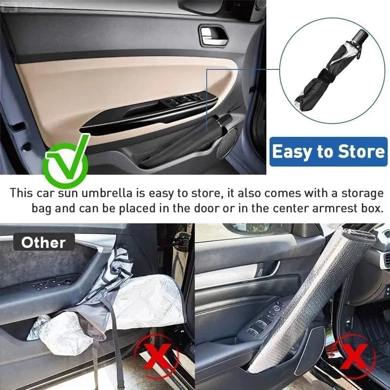 Car Windshield Umbrella Sunshade โ Foldable UV-Blocking Front Window Sun Shield for Cars, Trucks & SUVs, Heat-Reflective with Storage Pouch