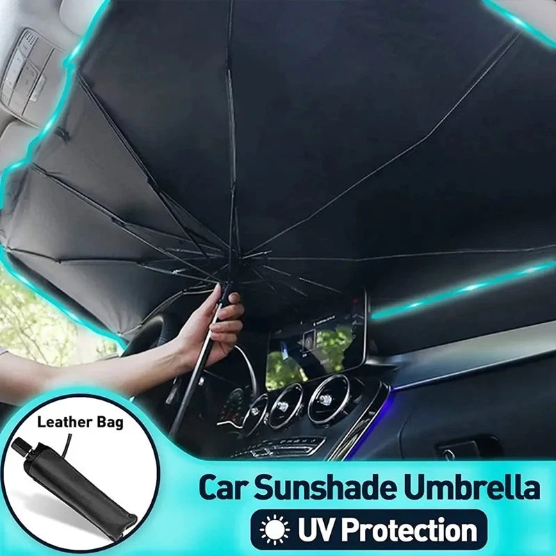Car Windshield Umbrella Sunshade โ Foldable UV-Blocking Front Window Sun Shield for Cars, Trucks & SUVs, Heat-Reflective with Storage Pouch