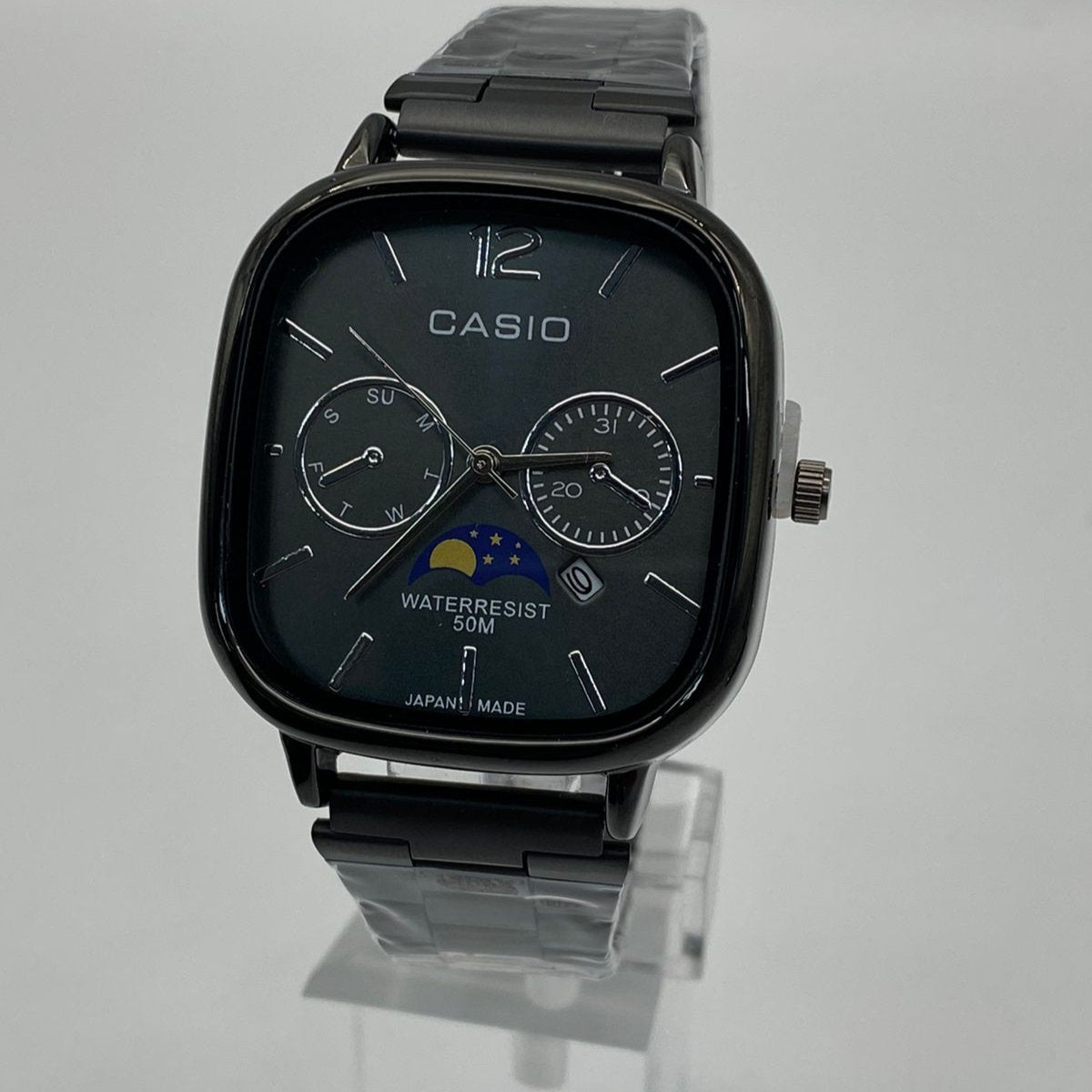 Casio Quartz Moonrise Dial Watch – Elegant Stainless Steel Timepiece with Luminous Hands