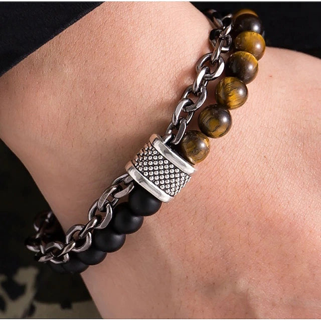 Black Obsidian Beaded Bracelet with Hematite & Tiger's Eye – Unisex Protection & Style Jewelry