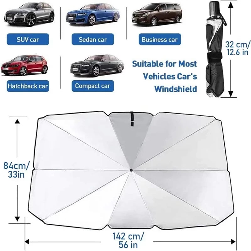 Car Windshield Umbrella Sunshade – Foldable UV-Blocking Front Window Sun Shield for Cars, Trucks & SUVs, Heat-Reflective with Storage Pouch